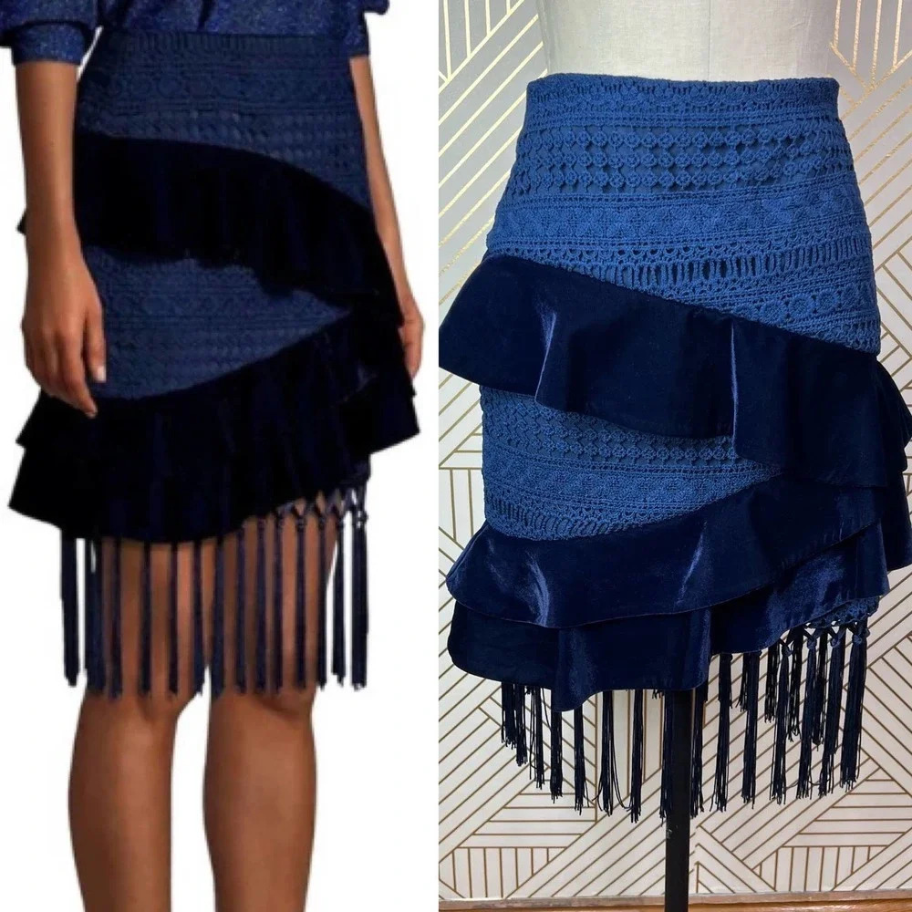 PatBo Velvet Lace Crochet Fringe Brazil Skirt in Blue Navy Size US 2